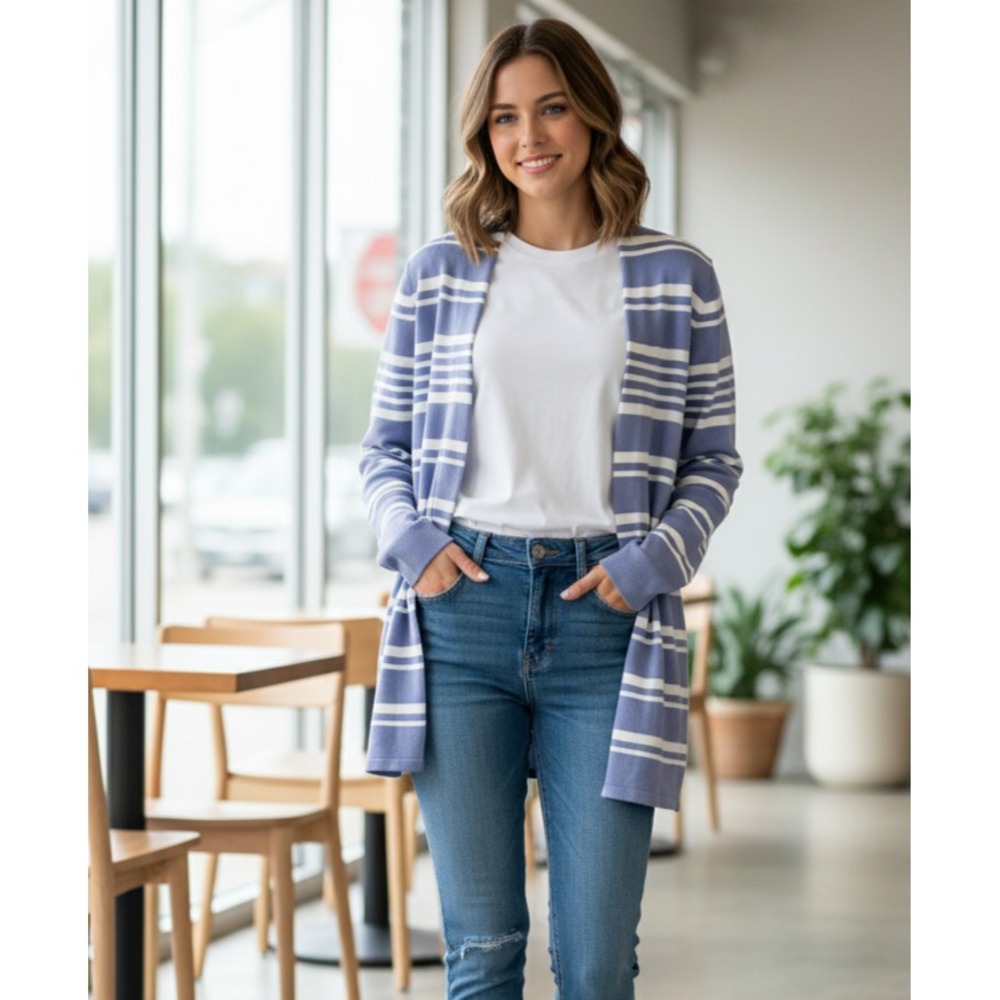 Cyrus Lavender & White Striped Open-Front Cardigan
